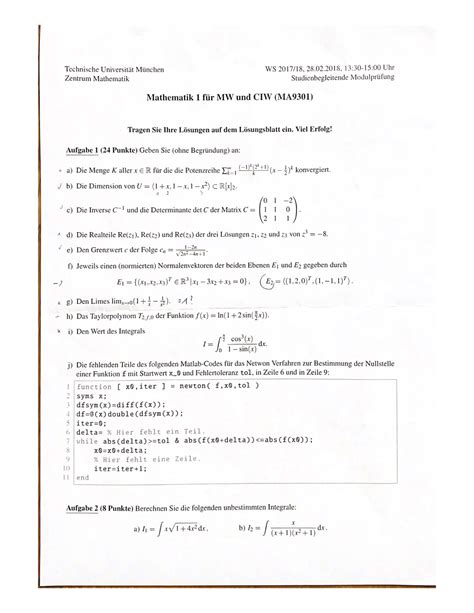 HMI Klausur WiSe1718 Höhere Mathematik 1 Studocu