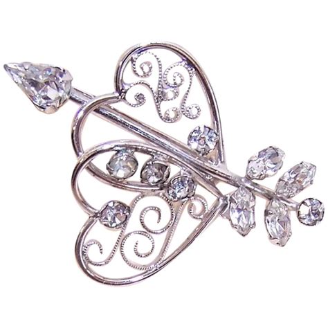 Tru Kay Sterling Silver White Rhinestone Pin Double Hearts With Arrow