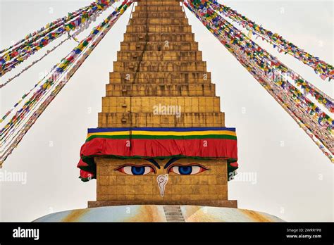 Boudhanath Stupa In Kathmandu Nepal Decorated Buddha Wisdom Eyes And