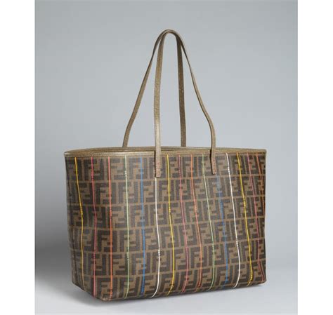 Fendi Brown Zucca And Multicolor Stripe Spalmati Roll Large Shopper