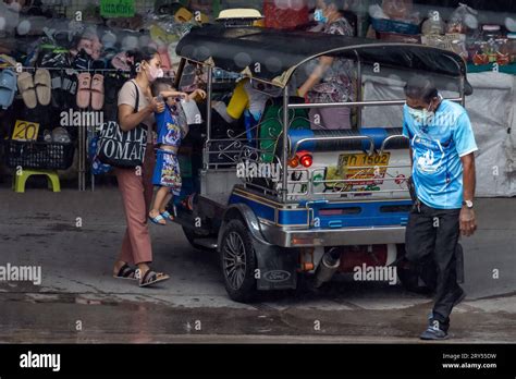 Samut Prakan Thailand Sep A Woman With A Small Boy Gets Into