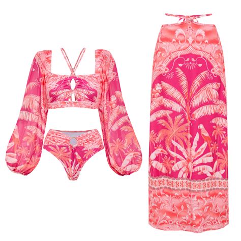 Long Sleeved Tropical Jungle Print Bikini Swimsuit And Sarong Flaxmaker