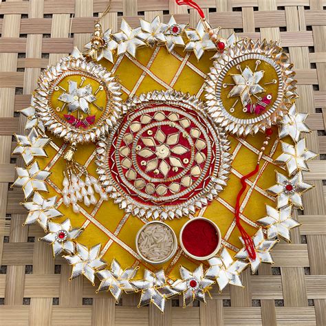 Designer Gota Patti Rakhi With Pooja Thali Combo For Raksha Bandhan