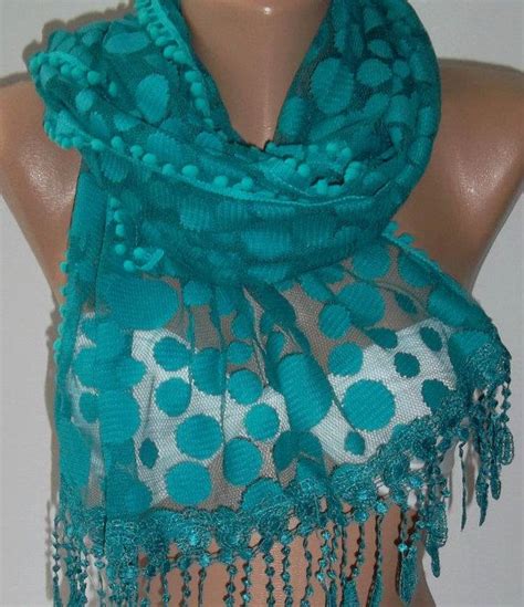 Turquoise Elegance Shawl Scarf With Lacy Edge By Womann 1990