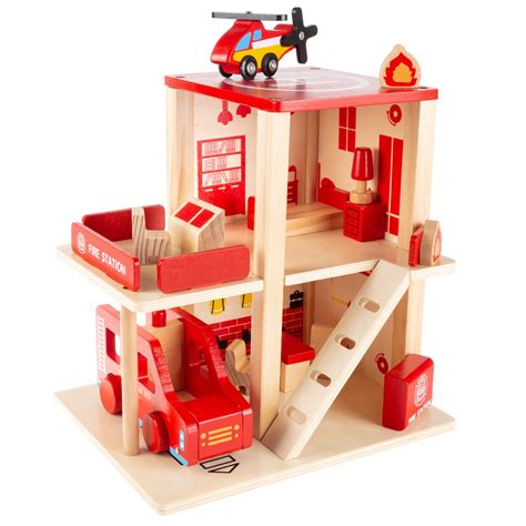 Hey Play Fire Station Playset Wooden Firehouse Truck Helicopter