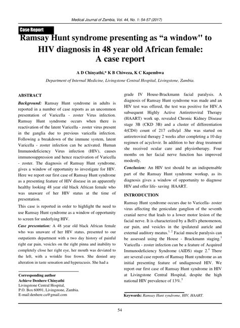 Pdf Ramsay Hunt Syndrome Presenting As “a Window To Hiv Diagnosis In 48 Year Old African