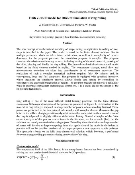 Pdf Finite Element Model For Efficient Simulation Of Ring Rolling