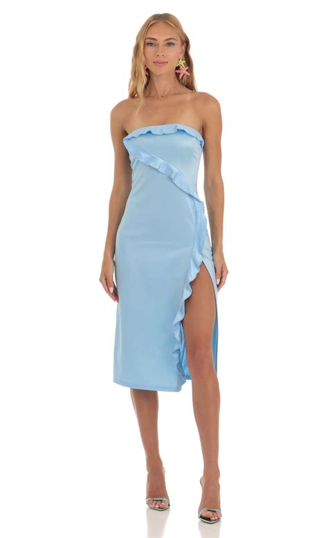 Annabel Satin Strapless Midi Dress In Blue Lucy In The Sky