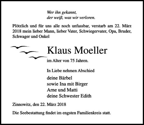 Traueranzeigen Von Klaus Moeller Trauer Anzeigen De