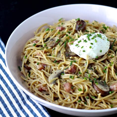 Dining With The Doc Spaghetti Carbonara With Cremini Mushrooms And A Warm Poached Egg The