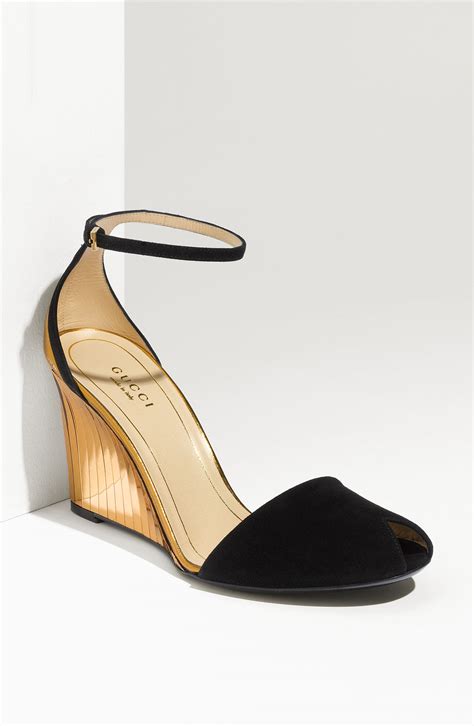 Gucci Ankle Strap Peep Toe Wedge In Gold Black Suede Lyst