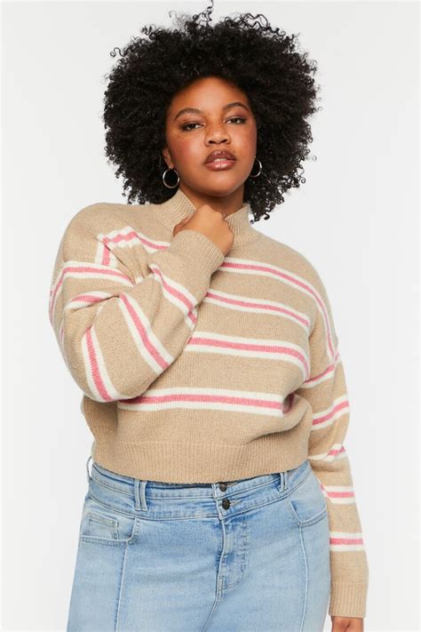 Plus Size Striped Mock Neck Cropped Sweater Forever Us