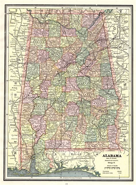 1891 Antique Alabama State Map George Cram Atlas Map Of Alabama