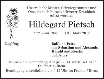 Traueranzeigen Von Hildegard Pietsch Trauer Merkur De