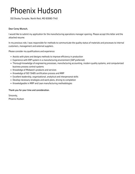 Manufacturing Operations Manager Cover Letter Velvet Jobs