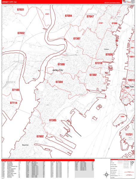 Jersey City New Jersey Zip Code Wall Map Red Line Style By Marketmaps