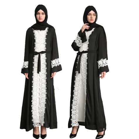 Dubai Abaya Classic Lace Side Patchwork Chiffon Gown Muslim Open Front