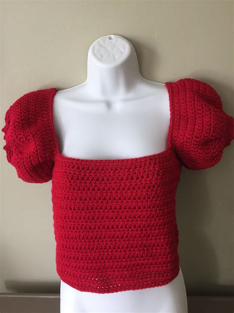 Crochet Cropped Top With Short Puff Sleeves Raspberry Color Etsy