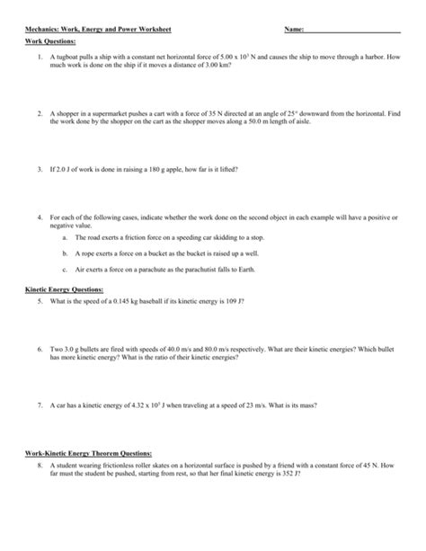 Work, Energy, and Power Physics Worksheet