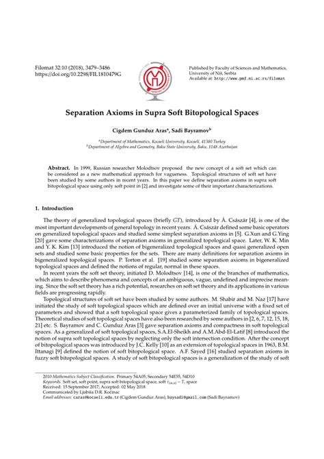 Pdf Separation Axioms In Supra Soft Bitopological Spaces