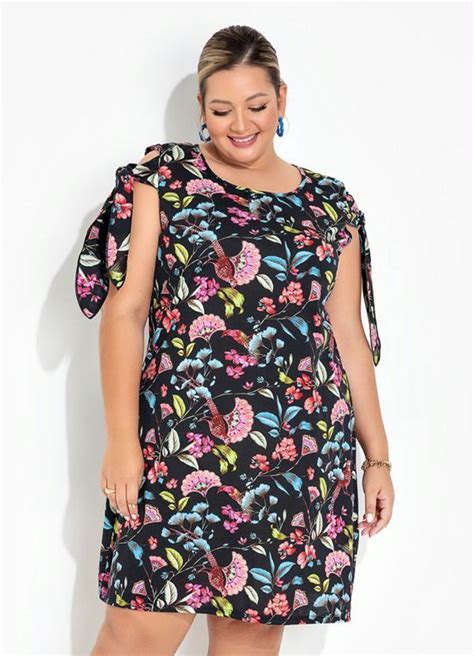 Vestido Floral Preto Com Amarração Plus Size Marguerite