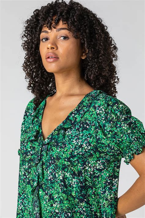 Floral Print Frill Detail Blouse In Green Roman Originals Uk