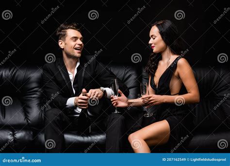 Cheerful Woman In Black Dress Seducing Stock Image Image Of Beverage