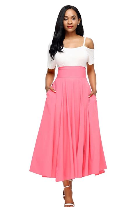 Pink Retro High Waist Pleated Belted Maxi Skirt Maxi Skirt High