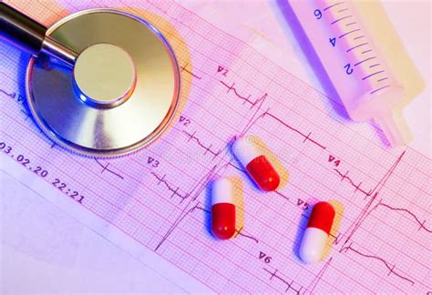 A Medical Stethoscope Lies On A Cardiogram Chart And A Pill Close Up