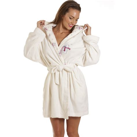 Womens Hooded Polar Bear Fleece Robe Ivory