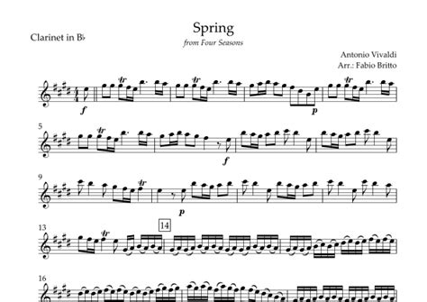 Spring From Four Seasons Of Antonio Vivaldi For Clarinet In Bb Solo