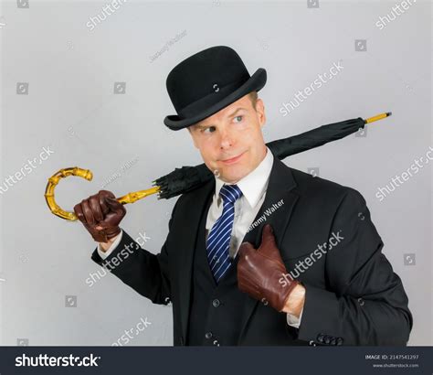 Portrait Handsome Gentleman Dark Suit Bowler Stock Photo