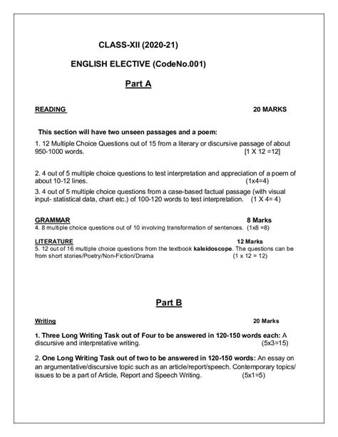 Cbse Class 12 English Elective Syllabus 2020 21