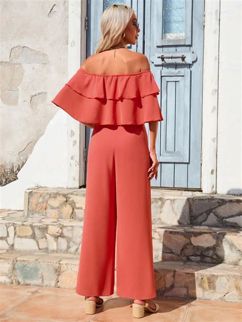 Off Shoulder Ruffle Trim Wide Leg Jumpsuit Comfy Jumpsuits