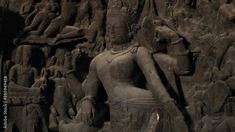 Ancient sculptures at Elephanta Caves, a collection of cave temples ...