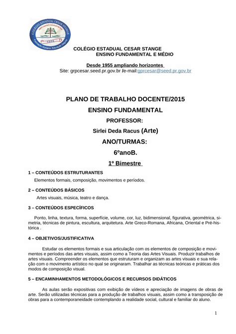 Pdf Plano De Trabalho Docente Ensino Musica Artes Visuais