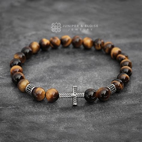 Mens Cross Bracelet Jewelry For Catholic Christians Tigers Eye Beaded