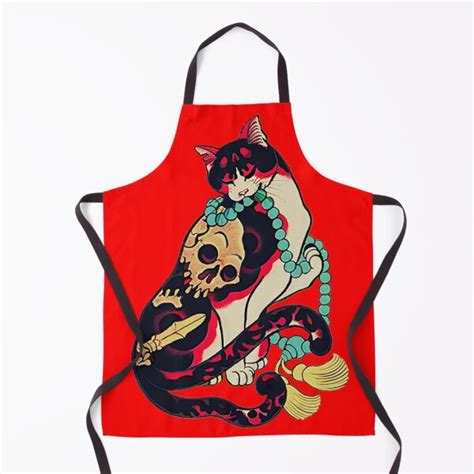 Antique Japanese Woodblock Print Cat With Flower Tattoos Apron For Sale By Epitomegirl Redbubble