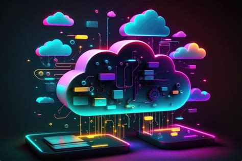 3d Cloud Computing Technology Concept Digital Illustration Neon