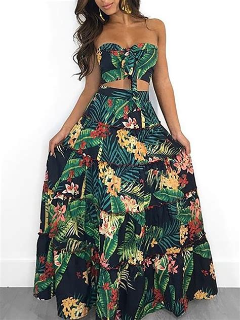 Tropical Print Tube Top Maxi Skirt Set Hawaiian Outfit Hawaiian