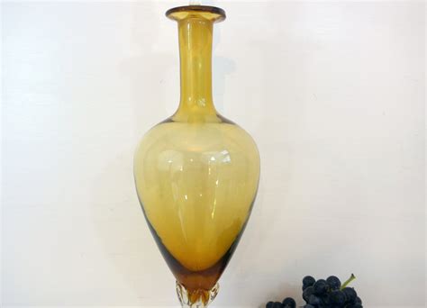 Vintage Empoli Amber Yellow Glass Decanter Tall Mid Century Italian Art Glass Reteo Decanter