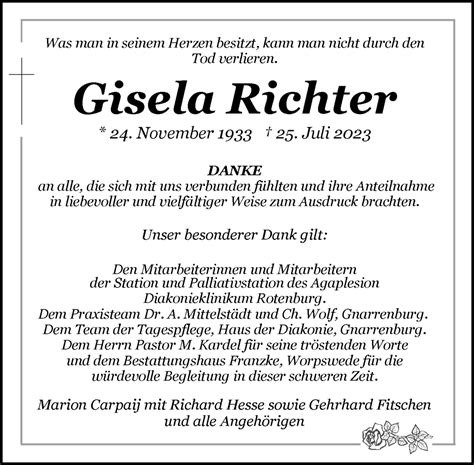 Traueranzeigen Von Gisela Richter Trauer De