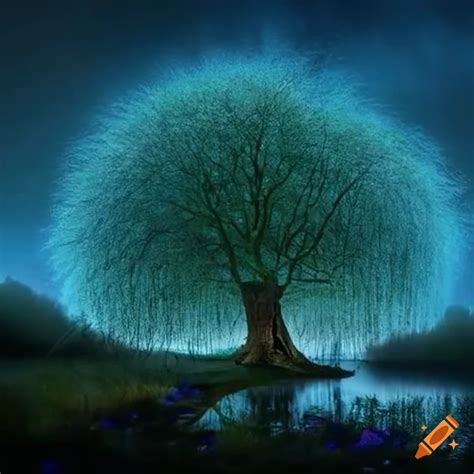 A Magical Willow Tree By A River Surrounded By Butterflies At Night On