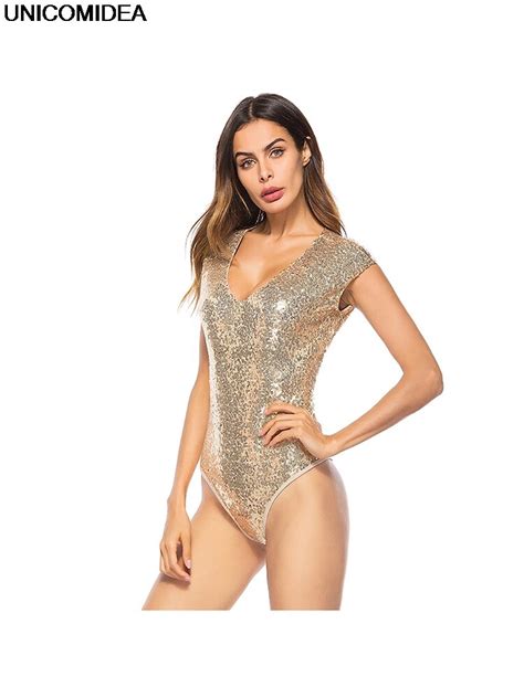 2019 Glitter Sequin Leotard Women Bodysuits V Neck Sleeveless Jumpsuits