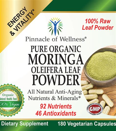 Pure Organic Moringa Oleifera Leaf Powder 180 Capsules 90 Servings Pinnacle Of Wellness