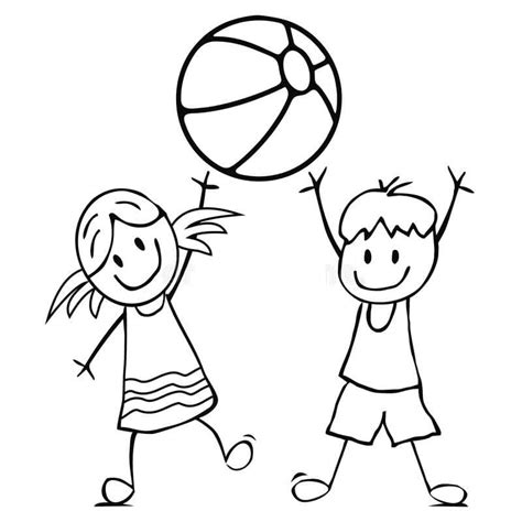 Dibujos de Niño y Niña con Pelota de Playa para Colorear para Colorear