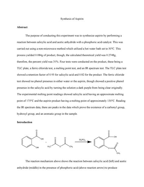 Synthesis Of Aspirin This Was Carried Out Using A Method Which