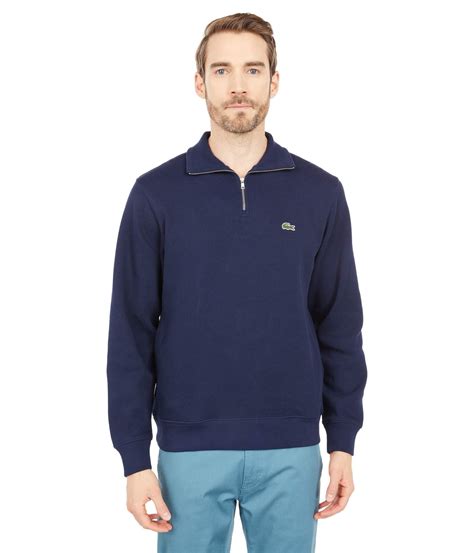 Lacoste Long Sleeve Solid Zip Interlock Ribbed Sweatshirt In Blue