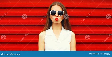 Portrait Stylish Young Woman Model Posing Blowing Her Lips With Red