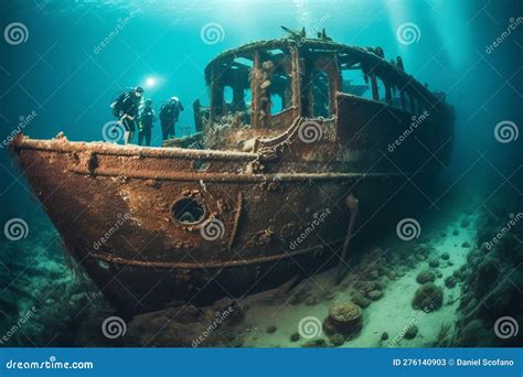 Scuba Divers Exploring A Sunken Shipwreck Underwater Mysteries High